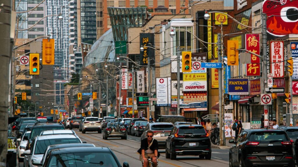 Street view in Toronto Chinatown with storefronts