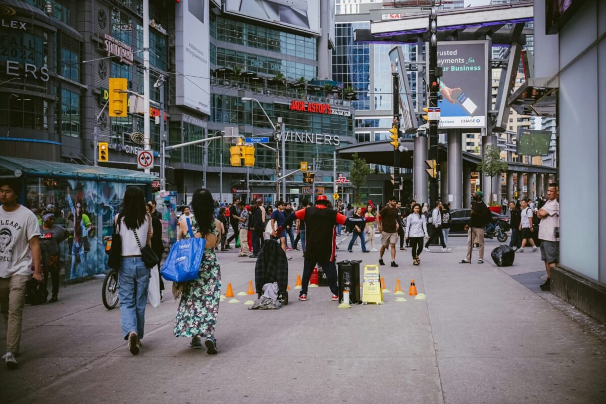 Street-level view of downtown Toronto with pedestrians