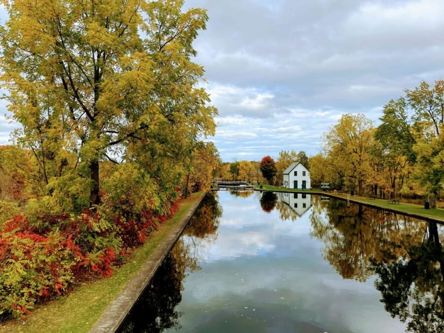 Rideau Canal running through Merrickville Ontario in fall
