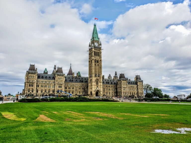 Parliament Hill in Ottawa with the Peace Tower and surrounding lawn