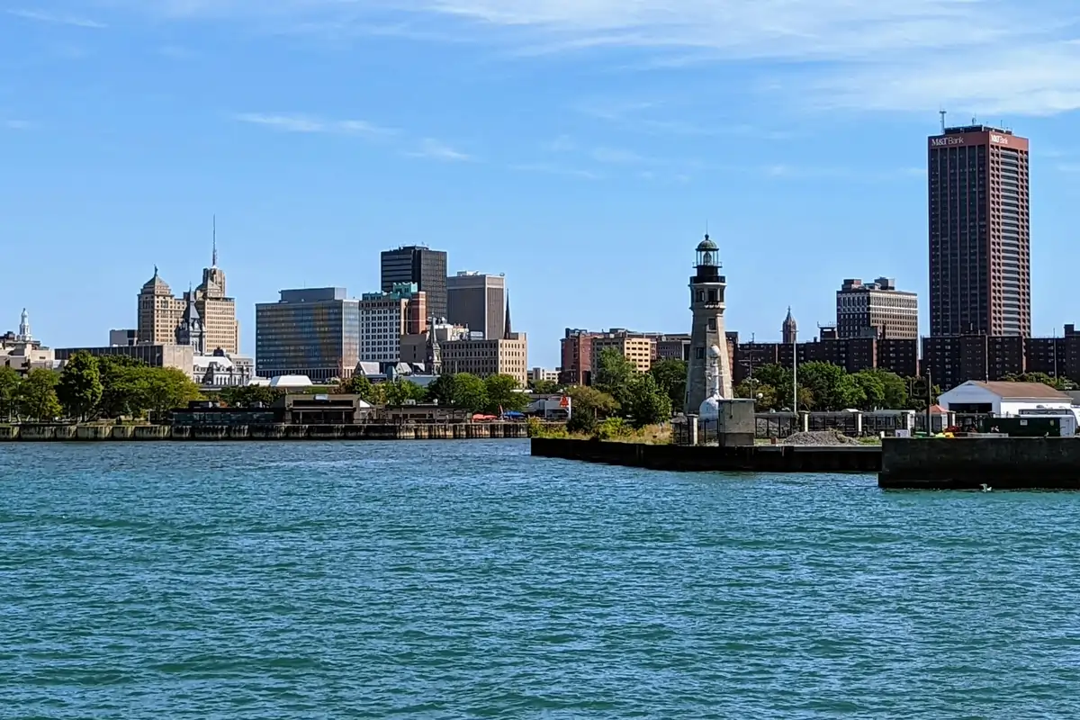 Buffalo New York skyline and waterfront along Lake Erie