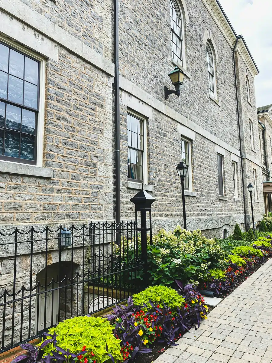 Historic stone building and walkway in Niagara on the Lake, Ontario, Canada.